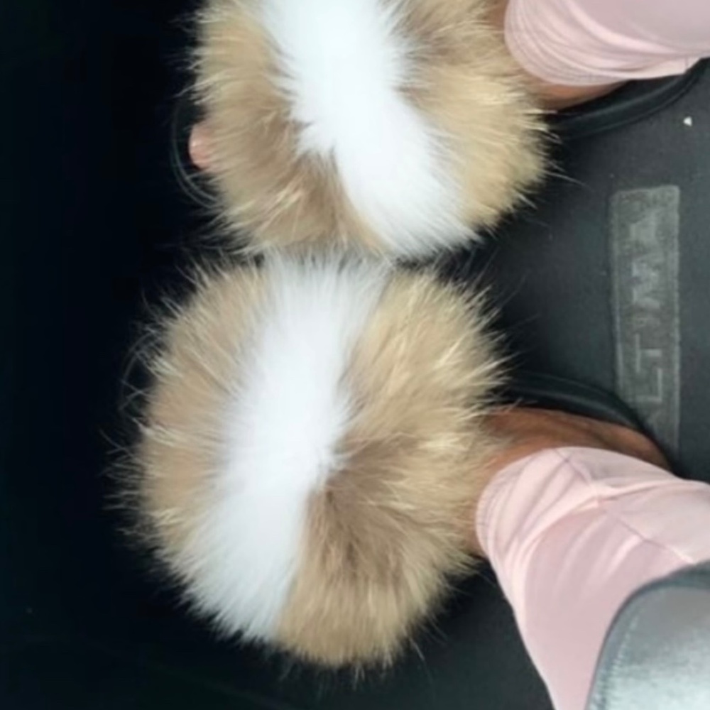 Natural White Real Fur Slides - image 1
